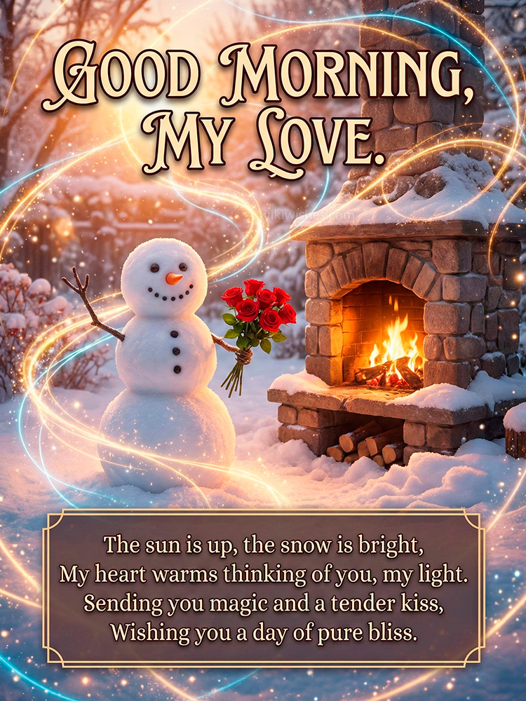 Good morning my love winter greeting with snowman holding roses by outdoor fireplace