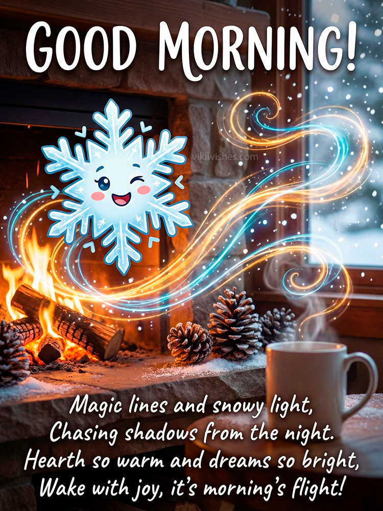 Good morning winter greeting with cute snowflake character, fireplace, and magical light trails