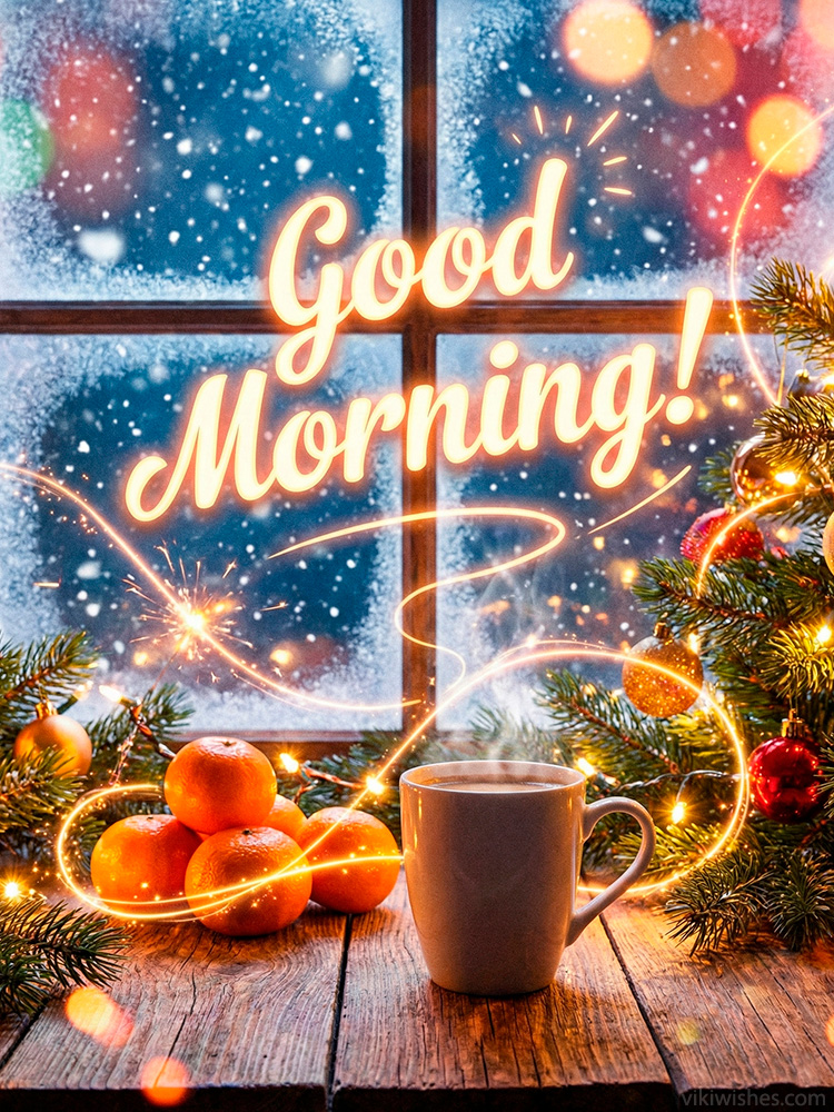 Good morning winter greeting with hot beverage, fresh oranges, and festive decorations by snowy window
