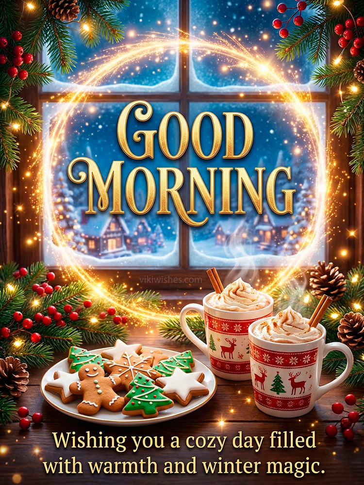 Good morning Christmas greeting with hot cocoa, gingerbread cookies, and snowy window view
